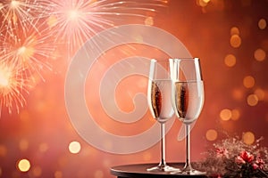 Two Champagne Glasses On Coral Color Background Of Fireworks With Empty Space. Birthday Celebration. Generative AI