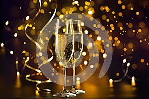 Two champagne glasses on a dark background with Christmas lights