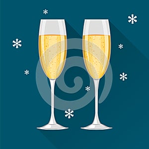 Two champagne glasses on dark blue background and with snowflakes. Concept vector illustration.