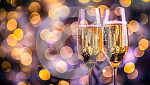 Two champagne glasses are filled with bubbly champagne by AI generated image