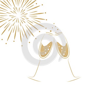 Two champagne glasses and fireworks on a white background