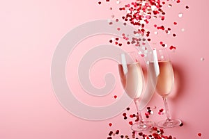 Two champagne glasses making a toast with a burst of red heart-shaped confetti, set against a pink background