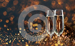 Two champagne glasses over golden bokeh background