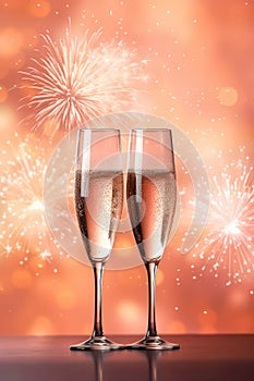 Two Champagne Glasses On Peach Color Background Of Fireworks With Empty Space. New Year\'s Eve Celebration.. Generative AI