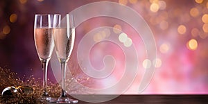 Two Champagne Glasses On Pink Background Of Fireworks With Empty Space. New Year\'s Eve Celebration.. Generative AI