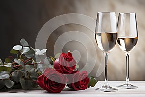 Two champagne glasses and roses on a table, AI-generated.