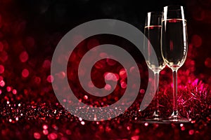 Two champagne glasses on sparkling red bokeh background. Valentine`s day dinner invitation. Christmas and new year holiday party