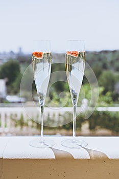 Two champagne glasses with strawberry on sunny terrace outdoor patio overlooking green trees at summer day outside of