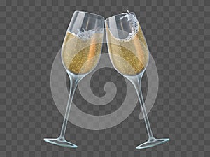 Two champagne glasses. Toast of wineglasses with sparkling transparent white wine and bubbles. Christmas, new year