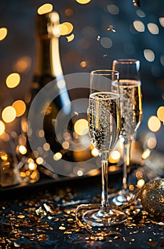 two champagne glasses on the tray of bottle of champagne