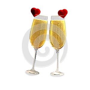 Two champagne glasses with two red hearts