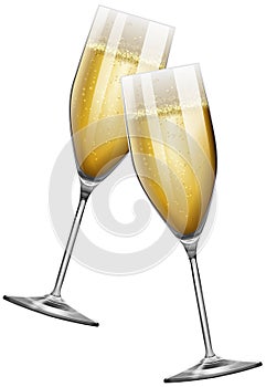 Two champagne glasses on white
