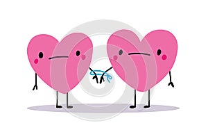 Two characters heart form connected by rope together hand drawn vector illustration in cartoon comic style toxic realtions