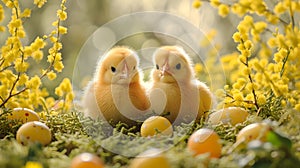 Two charming fluffy ducklings amidst spring blossoms. serene nature scene perfect for easter. cheerful and cute baby