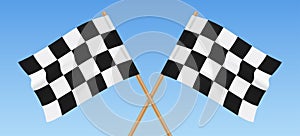 Two checkered flags crossed on a blue sky background, vector illustration