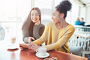 Two cheerful and beautiful girls are sitting together near the table and watching something on the phone. They look