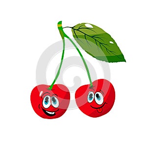 Two cheerful cherries on a branch, cartoon on a white background.