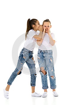 Two cheerful little girls share secrets in each other s ear.