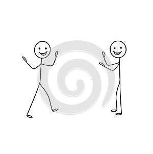 two cheerful man stick chatting isolated on white background