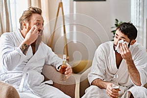 Two cheerful men in bathrobes having