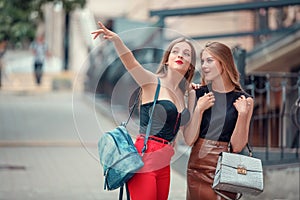 Two cheerful modern female tourists while sight seeing in old town. one woman points up to a sight. other excited woman look up,