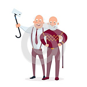 Two cheerful senior men friends standing together vector flat illustration. Aged people making selfie and having fun