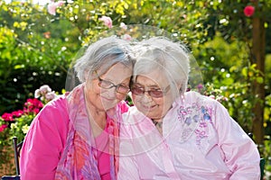 Two cheerful senior women embracing in garden