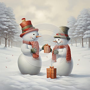 Two cheerful snowmen standing in winter christmas landscape.