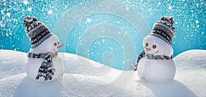 Two cheerful snowmen standing in a winter Christmas landscape.