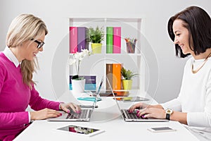 Two cheerful woman working with computers in the office