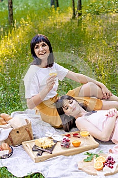 Two cheerful young fashionable women having picnic on sunny day