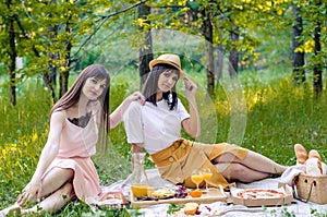 Two cheerful young fashionable women having picnic on sunny day