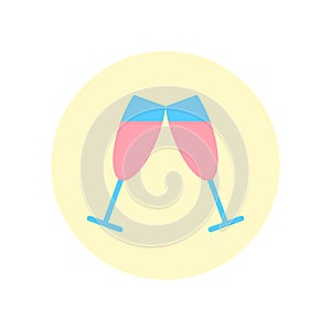 Two cheering pink Champagne glasses flat icon.