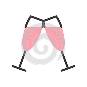 Two cheering pink Champagne glasses flat line icon