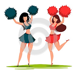 Two cheerleader women with pom poms