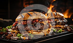 Two Cheeseburgers Cooking on Grill With Fire in Background