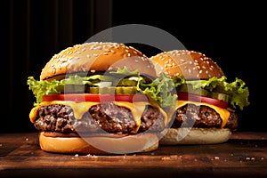 two cheeseburgers with fresh toppings on a wooden surface