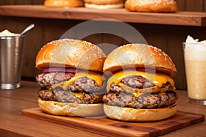 Two cheeseburgers on a wooden board in a fast food restaurant generative AI