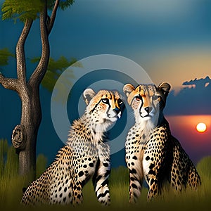 Two cheetahs in forest with sunset landscape view.