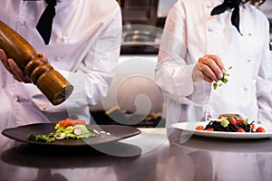 Two chefs garnishing meal on counter