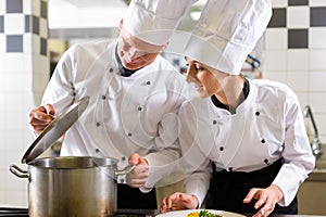 Two chefs in team in hotel or restaurant kitchen