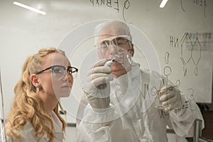 Two chemist colleagues write formulas on glass. Caucasian elderly man and young woman brainstorming.