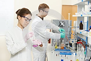 Two chemist researchers workers in laboratory