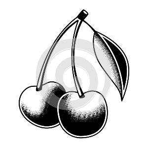 Two cherries in black and white isolated on a white background.