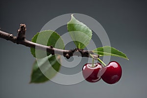 Two cherries on a branch on a gray background