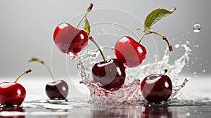 Two cherries collided and are flying splashes on a white background. photo