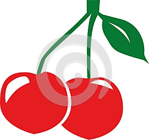 Two cherries with green leaf
