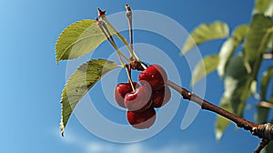 Two cherries hanging from a branch of a cherry tree. Generative AI image.