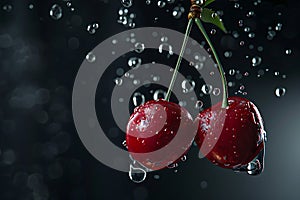Two Cherries Hanging From a Branch With Water Droplets