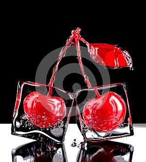 Two cherries with ice. 3D rendering